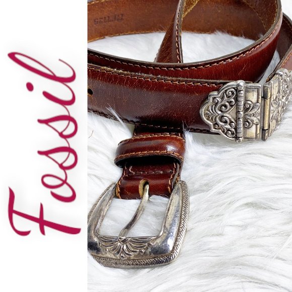Fossil Accessories - FOSSIL Vintage Genuine Leather Brown Belt Hinged Silver Hardware, Size Large